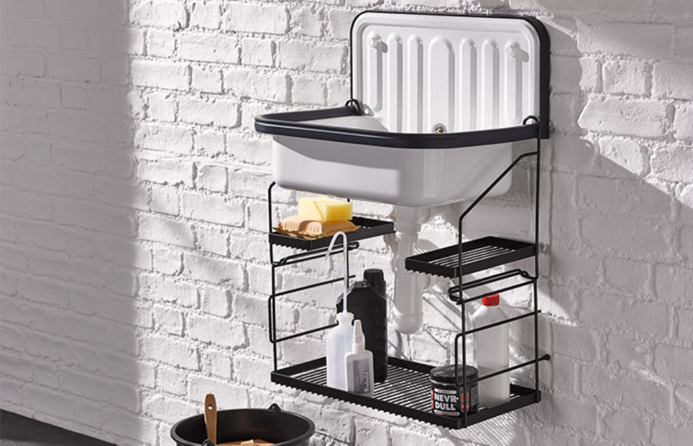 Alape Bucket Sink Wall Mounted Small Service Sink Glazed Steel Utility Sink, With Overflow, Black Trim freeshipping - Drinking Well Co.