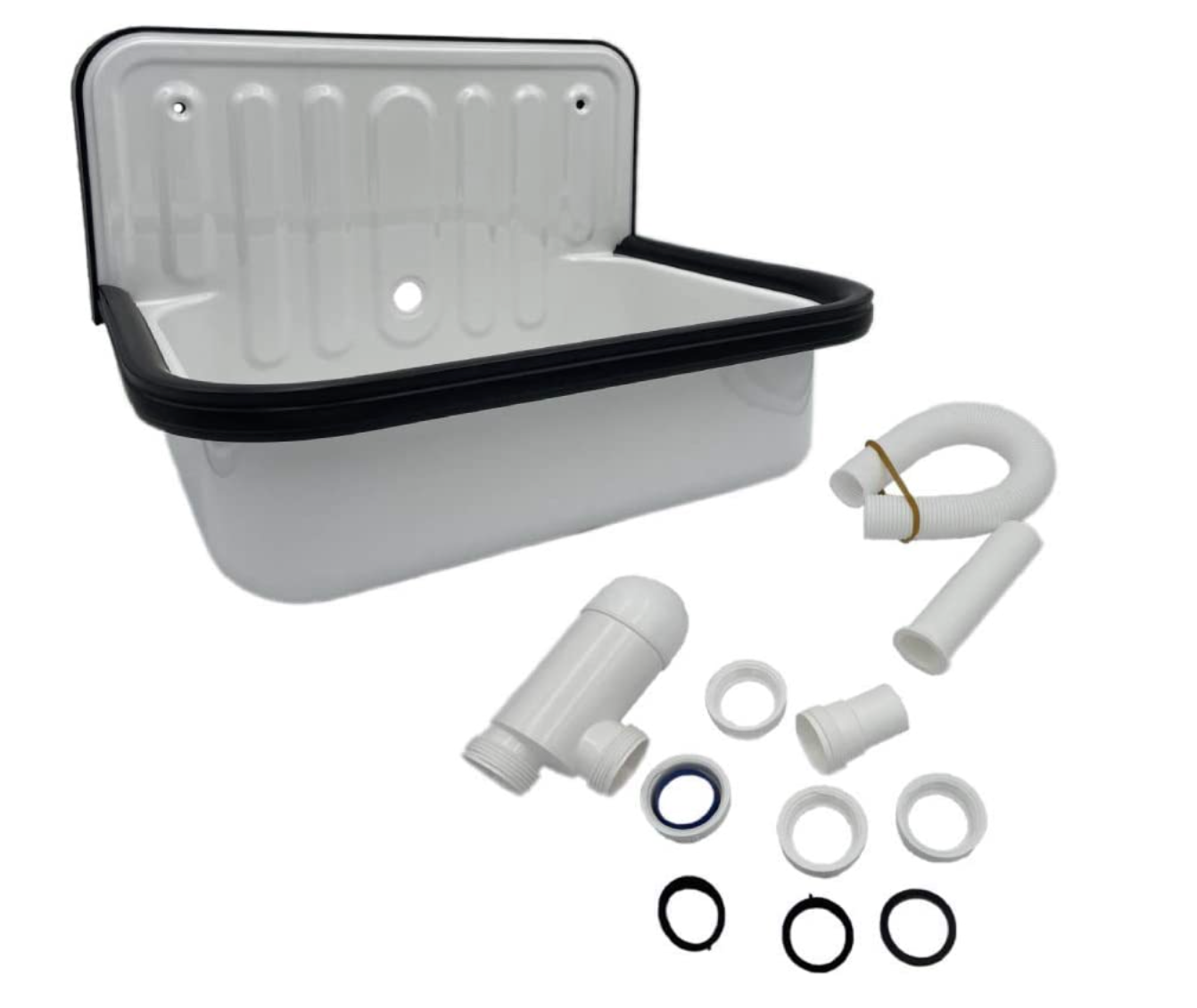 Alape Bucket Sink Wall Mounted Small Service Sink Glazed Steel Utility Sink, With Overflow, Black Trim