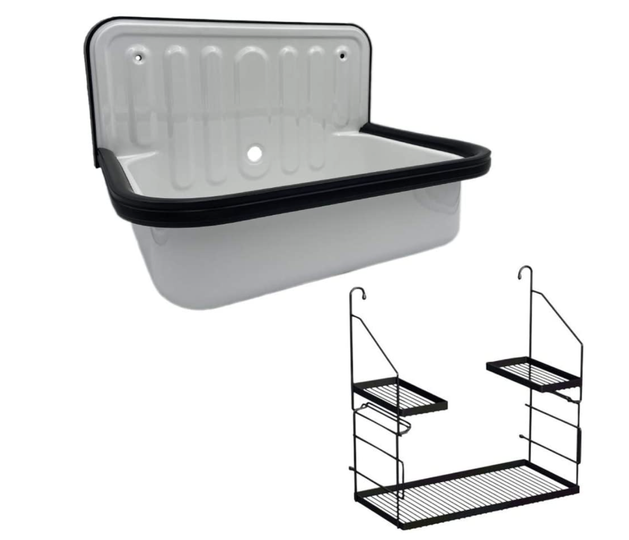 Alape Bucket Sink Wall Mounted Small Service Sink Glazed Steel Utility Sink, With Overflow, Black Trim