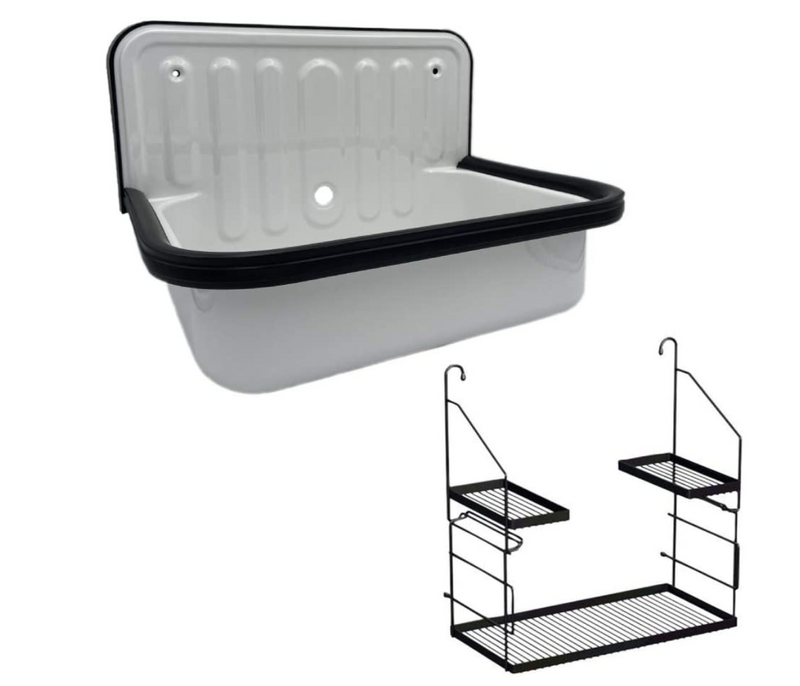 Alape Bucket Sink Wall Mounted Small Service Sink Glazed Steel Utility Sink, With Overflow, Black Trim