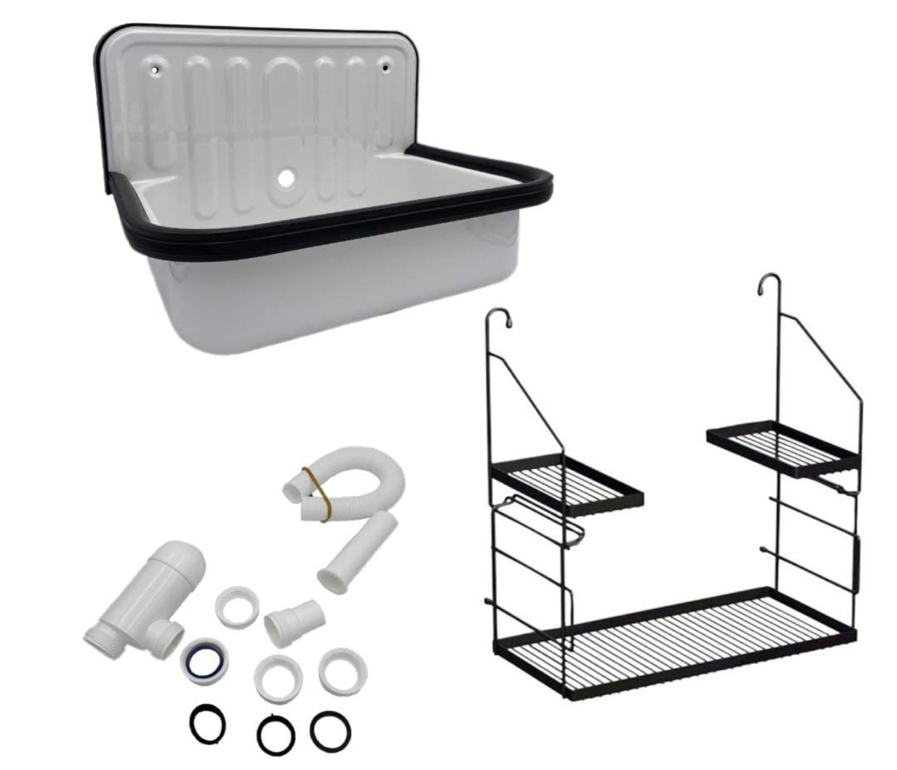 Alape Bucket Sink Wall Mounted Small Service Sink Glazed Steel Utility Sink, With Overflow, Black Trim