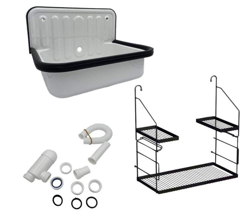 Alape Bucket Sink Wall Mounted Small Service Sink Glazed Steel Utility Sink, With Overflow, Black Trim